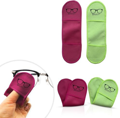 BASESIT Finger Grip Eyeglass Cleaner (4 Pack) – Premium Microfiber Glasses Cleaning Cloth for Eyeglasses, Sunglasses, Phone Screen & Camera Lens (Rose/Green)