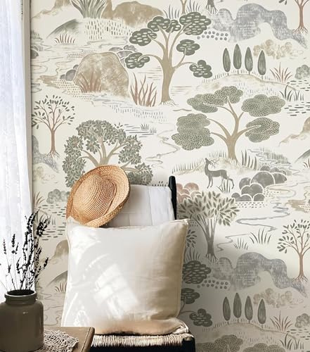 Erfoni 16.9x197 Boho Forest Peel and Stick Wallpaper Green/Brown/White Contact Paper Forest Self Adhsive Peel and Stick Contact Paper DIY Removable Wallpaper for Bedroom Kids Nursery Decor