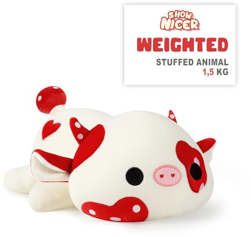 shownicer Großer Plüschtier Kuh Gewichtetes Kuscheltier 1,5kg Stofftier Kawaii Kuh Plüsch Kissen Spielzeug Großes Plüsch Wurfkissen Geschenk für Kinder Mädchen 12+ Jahre (Rot, 50cm)