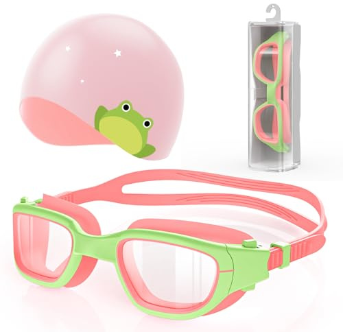 Kids Swim Goggles with Free Silicone Swim Cap in Candy Dual-Tone | Leak-Proof, Anti-UV Lenses for Ages 6-14, Includes Hard Case & Bonus Swim Cap