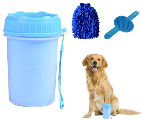 Irtyif Pfotenreiniger für Hunde,Hundepfoten Reiniger,Hunde Pfotenreiniger,Tragbare Hundepfoten Reiniger mit Microfaser Handschuh und Badebürste,für Kleine Bis Mittelgroße Hunde und Katzen,Hunde Sachen