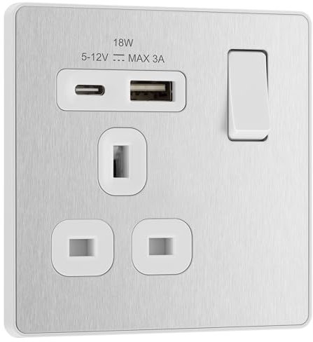 BG Electrical 18W Single Switched Power Plug Wall Socket with Type A USB and Type C USB Charging Ports, Fast Charge, Screwless Front Plate, Evolve, Brushed Steel, 13A, PCDBS21UAC18W