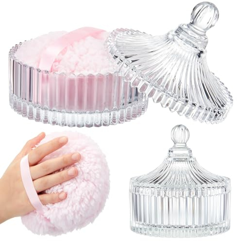 Tioncy 2 Pcs Extra Large Dusting Powder Puff and Container for Women-6'' Glass Crystal Dusting Powder Container with Body Soft Washable Reusable Velour Face(Clear,Classic)