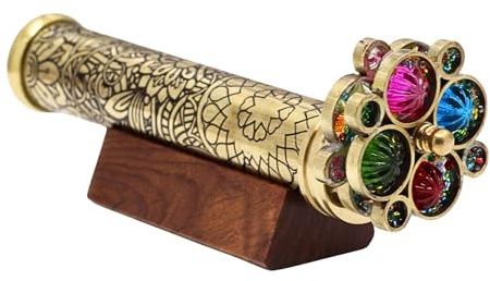 YVCrafts Handcrafted Etched Floral Pattern Lacquered Brass Kaleidoscope Includes Two Separate Turning Wheels-Unique Gift Ideas for Someone Special. (7x1.25)