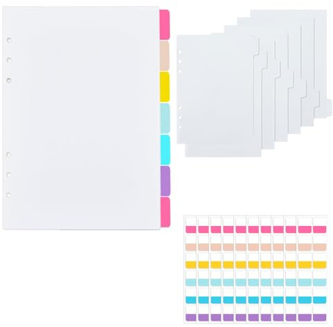 7 separadores A5 con 120 pegatinas, de plástico, separadores de archivadores, 6 agujeros, separadores de páginas, separadores de páginas A5, separadores de índice A5, para carpetas A5, planificador de