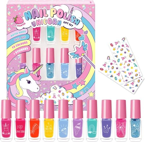 Kids Unicorn Nail Polish Set - 10 Peel-Off Water-Based Colours with Stickers Non-Toxic Formula, 5ml, British Brand
