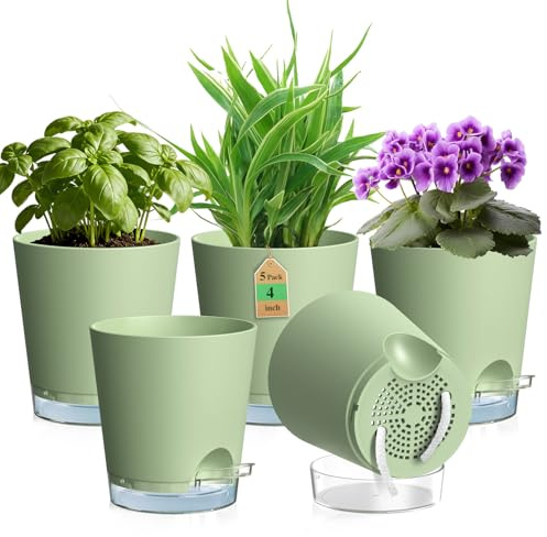 WSMKSZ 10,2 cm Selbstbewässerungstopf, 5er Set Plastik Blumentöpfe mit Abflusslöchern und Transparentem Wasserreservoir, Sichtbarer Wasserstand, Pflanztöpfe mit Baumwolldocht für Zimmerpflanzen, Grün