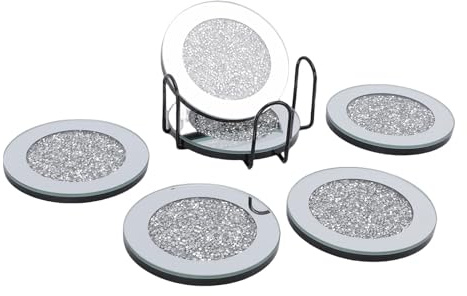Vikye Paquete de 6 Posavasos de Cristal para Bebidas, Tapete Redondo de Vidrio de 4 Pulgadas, Posavasos Redondos, Decoración de Mesa de café para Oficina, Cocina, Bar, Comedor (Silver)