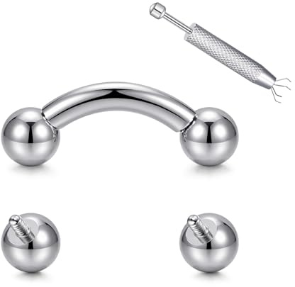 QSKISS Curved Barbell Piercing Prince Albert Jewellery Pa Piercing, 8G 12mm Heavy Gauge Barbell Banana Bar with Internally Threaded Replacement Balls for Eyebrow Belly Septum Ear Goth Punk Style