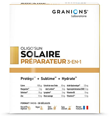 GRANIONS Abbronzatura, Preparatore gelulina 2-EN-1, Integratore alimentare acceleratore abbronzante senza sole, protegge Formula arricchita con pigmenti naturali, formato 1 mese, 30 capsule, made in