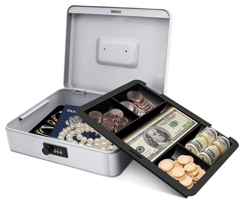 Flexzion Metal Cash Box with Combination Lock - 5-Compartment Petty Cash Box with Money Tray and Lock for Small Business - Removable Money Tray for Bills, Checks & Coins, 11.8x 9.4x 3.5, Gray