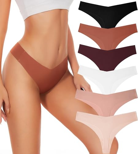 Hellopopgo Seamless Thongs For Women V-waisted No Show Underwear 6-Pack