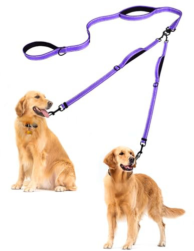 PetBonus Hundeleine Doppelleine für 2 Hunde, Keine Verwicklung Leine für 2 Hunde Groß, Verstellbar Reflektierend Doppelte Leinen mit 4 Gemütlich Gepolsterte Griffe (Lila)