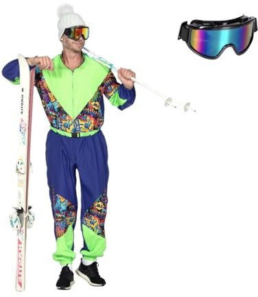MIMIKRY 80er Jahre Graffiti Retro Ski-Anzug Herren-Kostüm inkl. Brille Overall Einteiler Trash Bad Taste Apres Ski, Größe:XL-56/58