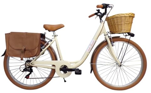 Cicli Tessari - bicicletta donna bici da passeggio city bike 26 cambio 6 velocita' telaio basso cesto in vimini vintage con borse laterali
