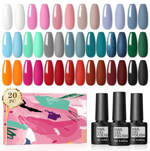 COSCELIA UV Nagellack, 20 Farben Gel Nagellack Set Weiß Schwarz Rot Grau Grün UV Lack Gel Nägel Set für Nagel Design Geschenk für Nagelstudio DIY Home 7ml