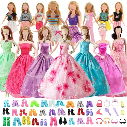 Doll Clothes Compatible with Barbie Clothes, Including 6 Wedding Dresses 3 Fashion Dresses 1 Top Pant 1 Glass 1 Earphone 8 Toilet Suit 10 Pair of Shoes for 11.5 inch Dolls on Christmas Holiday