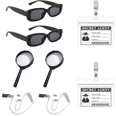 WETEPUXI 8pcs Secret Agent Cosplay Accessories Kit Kids Detective Costume Set Includes Detective Sunglasses Earpiece Magnifying Glass ID Card