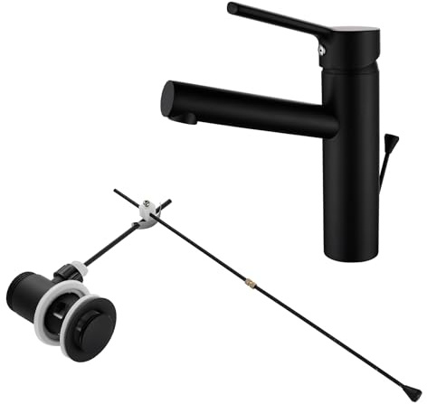 KEOKBON Bathroom Basin Tap Black with Pull Rod, Brass Washbasin Mixer Tap, No Dirty Hands, Hot and Cold Water Faucet, with Push Pull Rod Lever Kit, Black Finish