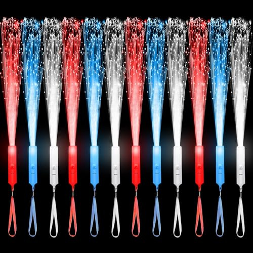 U-MOJOK 27 PCS Red Blue White Fiber Optic Wands Glow Sticks, Light Up Fiber Optic Lights Rod with 3 Light Modes, Sparklers Fireworks Sticks for Wedding, Concerts, July 4th, Halloween,Christmas