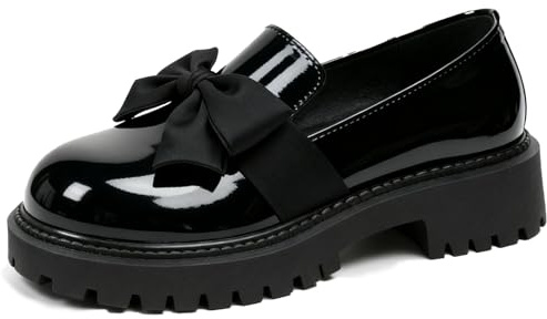 Women's Patent Leather Chunky Heel Bow Loafers Elegant Round Toe Platform Non-Slip Lug Sole Casual Dress Shoes for Business Office Work Everyday Wear (Black,8)