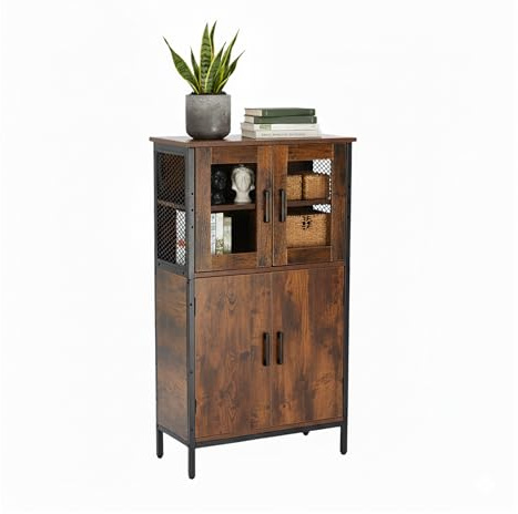 Relaxdays Armario Alto de Cocina Industrial con Puertas de Cristal, Vitrina Estrecha 108x60x30 cm, Madera Marrón