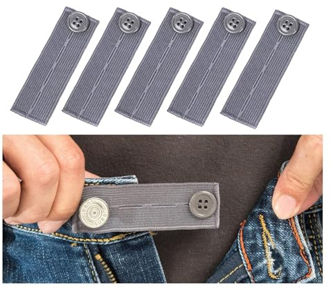 Waltonalice 5 stycken byxförlängning set elastisk midjeförlängning, knappförlängning, justerbar midja, midjeförlängning, midjeknäppning, knappförlängning för byxor, shorts, jeans, grå