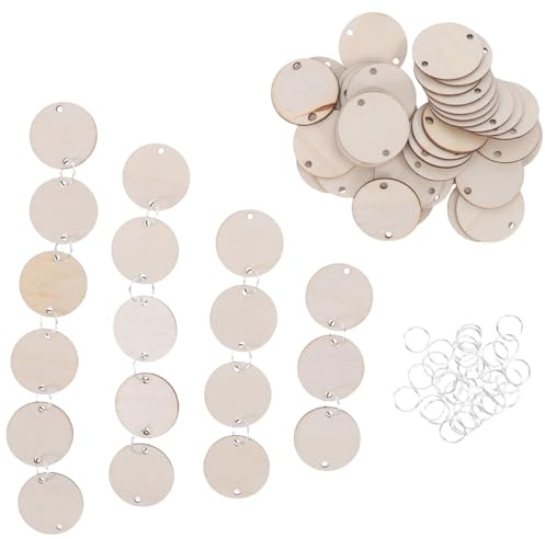 jojofuny 80pcs 30mm Round Blank Wooden Discs with Pre-drilled Holes and Metal Rings for DIY Craft Wood Pieces, Birthday Board Tags, Calendar Reminder Labels, Unfinished Woodcraft Supplies