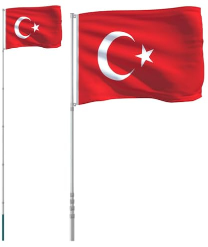 Turkisk flagga 90 x 150 cm med 5,5 m aluminiumflaggstång, väderbeständig polyester, teleskopstång med golvhylsa, perfekt för trädgård, balkong, fest, festival, hus och terrass