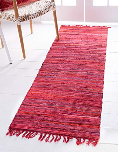 Unique Loom Chindi Cotton Collection Soft Hand Woven Natural Fiber Striped Area Rug, 2 ft 2 in x 6 ft 7 in, Red/Purple