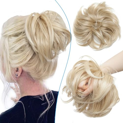 Messy Updo Buns for Women Synthetic Hair Ponytail Scrunchies Donut Chignons Hairpieces Extensions Ash Blonde to Bleach Blonde