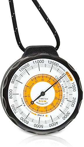 Sun Company Ascent Altimeter - Battery-Free Altimeter and Barometer | Weather-Trend Indicator with Rugged Aluminum Case and Reflective Lanyard | Reads Altitude from 0 to 15,000 Feet