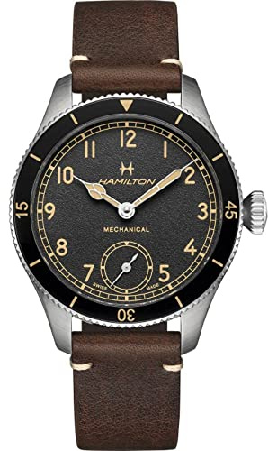 Hamilton Khaki Aviation Pilot Mechanical Men's Watch, 43mm Stainless Steel Case, Swiss Made, Black Dial Analog Wrist Watch for Men, 100m Waterproof, Sapphire Crystal, Calf Leather Strap