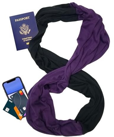 elzama Dual Color Travel Scarf for Women, Infinity Scarves with 2 Hidden Zipper Pockets, Lightweight Neck Wrap Secret Pocket, 04 Black-purple, Regular Size