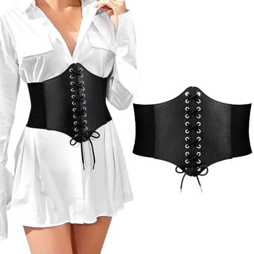 BOZEVON Damen Korsett Gürtel - Schwarz Frauen Tied Waspie Schnürkorsett Gebundener Vintage Elastischen Taille Breiten Band für Tägliches Tragen Cosplay Halloween Kostüm, 73cm