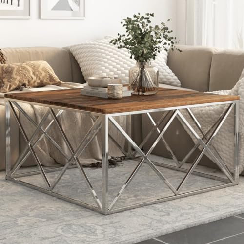 ShGaxin Couchtisch Silbern Edelstahl und Massivholz, Living Room Table, Wohnzimmertisch, Beistelltisch, Side Table & End Table, Coffee Table - 349981