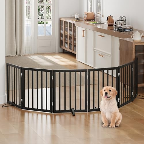 Dog Gates for Doorways, Foldable Dog Gate Indoor, Freestanding Pet Gates for Doorways Bedroom, Puppy Gate with Metal Support Feet, Room Divider 6 Panels (Black)
