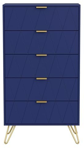 UEV Commode, Commode de Rangement à 5 Tiroirs, Style Moderne Scandinave, Manches et Pieds en Couleur Dorée, Commode Étroite pour Salon, Chambre, Couloir, 60 x 34 x 110 cm, Bleu