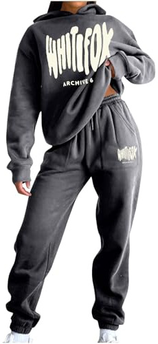 NSICBMNO Gray Tracksuit Womens Full Set Jogging Suits Hoodie Tracksuit Two Piece Outfit Oversized Sweatshirts Jogging Pants With Pockets Lounge Outfits Casual Co Ord Sets Gym Activewear Streetwear