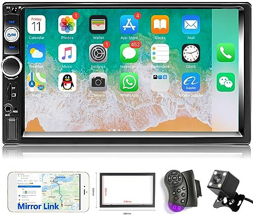 Hodozzy Double Din Car Stereo, 7 Inch Touch Screen Double Din Car Radio with Bluetooth, Mirror Link, FM Radio, AUX/USB/TF, Steering Wheel Control, 2 Din Car MP5 Player with Reversing Camera