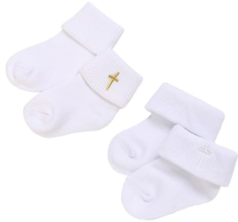 YcsRnn 2 Pair Infant Baby Socks With Cross Embroidery - White Baptism Crew Booties for 0-1 Year Old