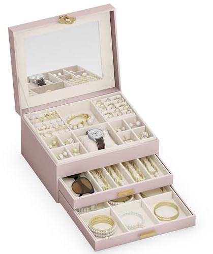 ADEL DREAM Boîte à bijoux, à 6 niveaux, avec bouton trèfle, plateau extensible, organisateur de bijoux avec grand miroir, compartiments réglables DIY, pour mères et filles (Rose - 18-6)
