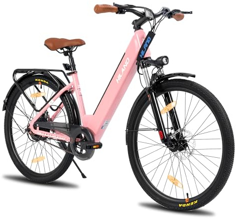 HILAND 26 Zoll Elektrisches Citybike, 250W Motor, 36V 7,8Ah Akku, Elektro Pendlerfahrräder mit 7-Gang Schaltung, Scheibenbremsen vorne und hinten, E-Bike für Damen und Herren, Rosa