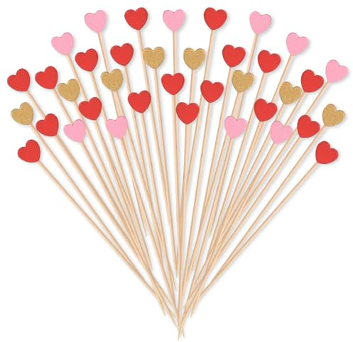 Palillo Corazon, 200pcs Palitos Cóctel, Palillos de Cóctel, Brochetas Coctel, Palillos Bambu Brochetas, Adecuado para Fiestas de San Valentín, Fiestas de Cumpleaños y Bodas(Rojo+Rosa+Amarillo)