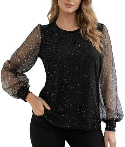 Ypser Women Dressy Shirt Sheer Mesh Patchwork Long Sleeve Glitter Tunic Tops Crewneck Casual Bling Blouse for Party Travel