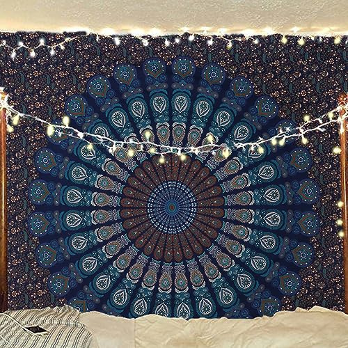 Bless International Handmade Indian hippie Bohemian Psychedelic Peacock Mandala Wall hanging College Dorm Beach Throws Table Cloth Bedding Tapestry (Blue Green, Queen(84x90Inches)(215x230Cms))