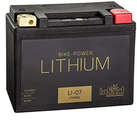 intAct - LITHIUM MOTORRADBATTERIE | Batterie für Roller, Motorrad, Quads. Bis zu 75% Gewichtseinsparung | Bike-Power LI-07, LTM30L, 12,8V Batterie, 8AH (c10), 96 Wh, 400 A (CCA) | Maße: 165x86x130mm