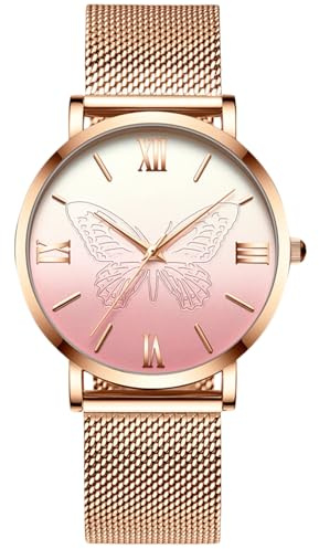 RORIOS Mujer Reloj de Pulsera Cuarzo Analógico Acero Inoxidable Mariposa Impermeable Moda Dama