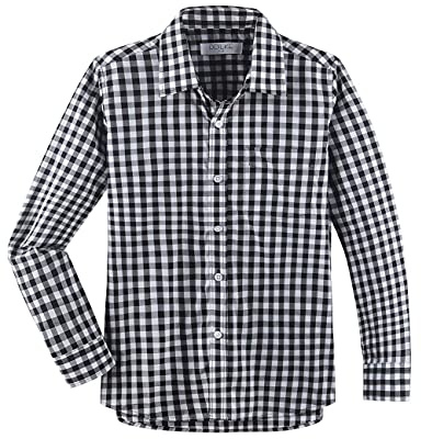 DDILKE Boys' School Shirt Long Sleeve Uniform Shirts Plaid Button Down Poplin Shirt, Regular fit