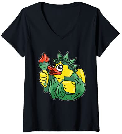 Womens Statue of Liberty Rubber Duck 4 th of July Independence Day V-Neck T-Shirt